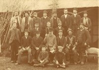 Group photograph of 18 gardeners and two boys who worked at Jackman's Nurseries in the 1880s