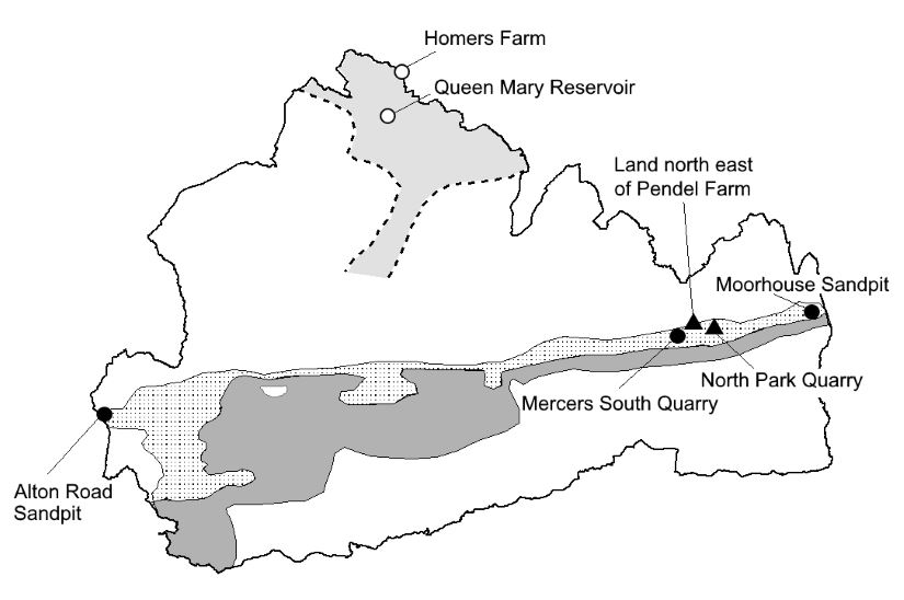 Active soft sand sites for building stone: Mercers South Quarry, Alton Road Sandpit and Moorhouse Sandpit. Active sharp sand and gravel sites for concreting aggregates: Homers Farm and Queen Mary Reservoir. Active soft sand sites for silica sand: Land North East of Pendell Farm and North Park Quarry.