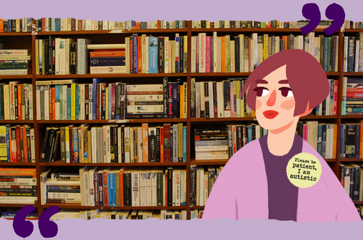 A cartoon image of a young woman is standing in front of a photo of book shelves. She wears a badge that reads 