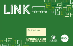 Green LINK card for under 16s that includes the Surrey County Council logo and ITSO logo.