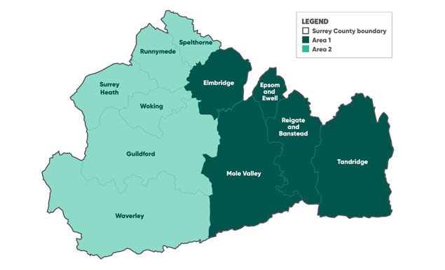 A map showing a proposed East/West split of Surrey. In East are these district and boroughs: Elmbridge, Epsom and Ewell, Mole Valley, Reigate and Banstead, Tandridge, and in the West are: Guildford, Runnymede, Spelthorne, Surrey Heath, Waverley, Woking.