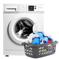 A washing machine with a basket of colourful clothes in front, ready for a wash.