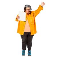 A woman with yellow jacket holding a paper