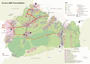 Link to a map of the Surrey Place Ambition, which encompasses the agreed shared vision and set of strategic priorities that partners are working towards. The map shows a range of transport infrastructure improvements to be delivered throughout the strategy's lifespan up to 2050 as well as five new community settlements. In addition, the larger strategic opportunity areas act as the focus for increased infrastructure delivery, such as housing.