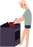 A cartoon picture of a young man cooking at a stove.