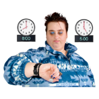Woman wearing a blue patterned fleece checking her watch, with clocks showing 8:00 and 5:00 in the background.