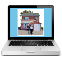 Laptop screen showing a video about two people standing in front of a house, providing housing support information.