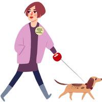 A cartoon image of a young woman walking a dog.