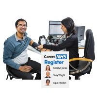 Nurse checks man’s blood pressure