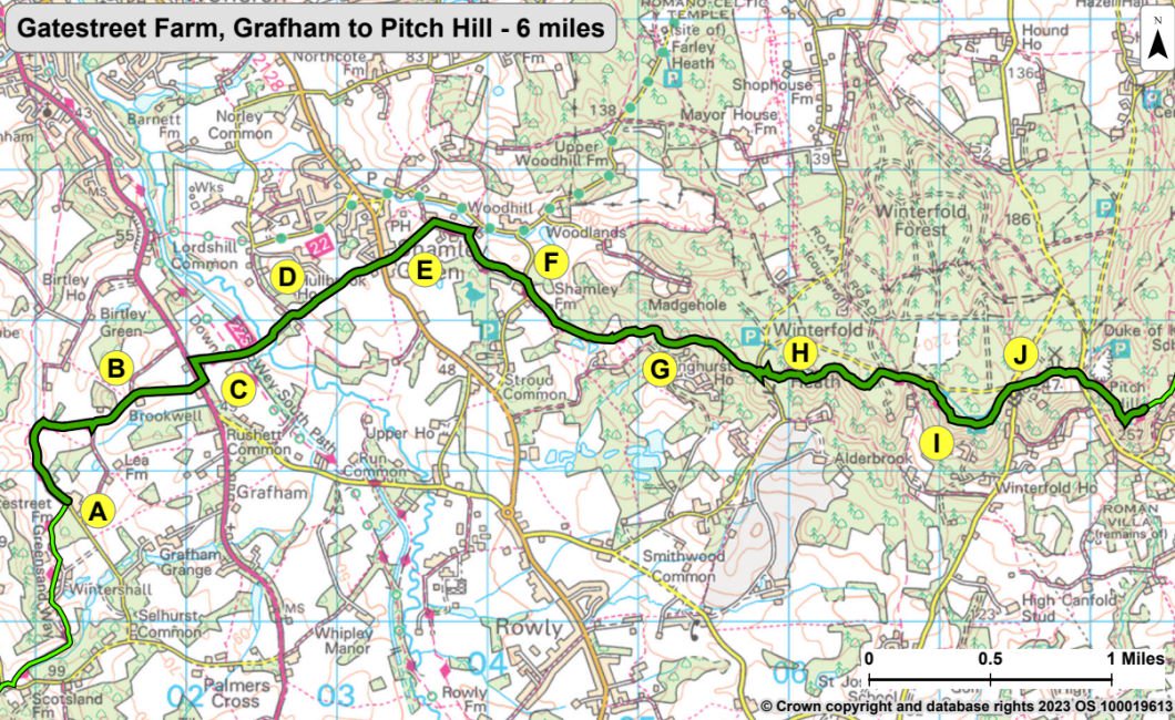 Greensand Way Map 4 from Gatestreet Farm, Grafham to Pitch Hill. The directions for this walk are described on this webpage. Selecting the map opens a larger version that can be saved to your device or printed.