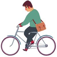 A cartoon picture of a young man riding a bike