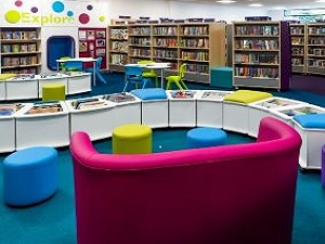 A library for children with colourful chairs and tables