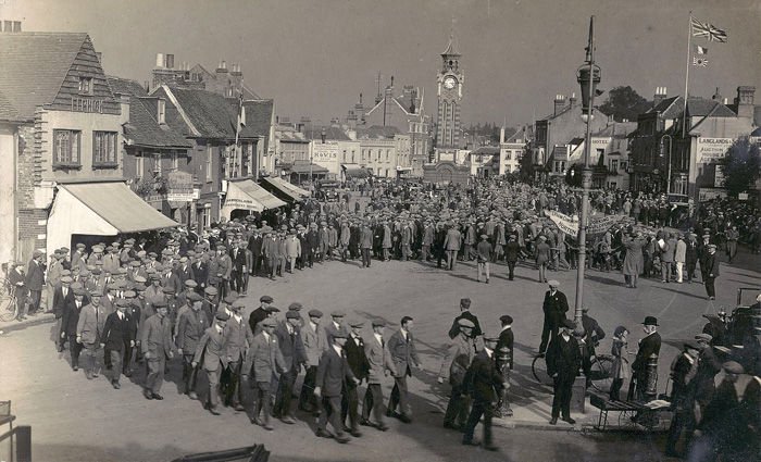 Epsom, recruiting parade for the Royal Fusiliers, High Street, c.1914 (SHC ref PC/58/82)