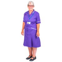 Woman wearing purple nurses dress
