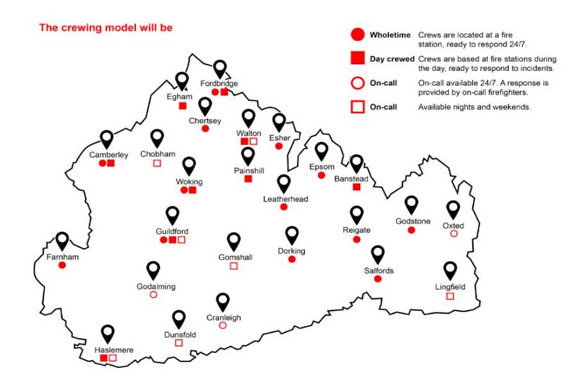 Map of Surrey showing locations of fire stations and their crewing models. Whole Time Stations operating 24/7 * Chertsey * Dorking * Epsom * Esher * Farnham * Godstone * Leatherhead * Reigate * Salfords and Joint fire control * Guildford * Camberley * Fordbridge * Woking Day Crewed stations operating 7am to 7pm * Banstead * Egham * Painshill * Walton * Haselemere On Call stations operating nights and weekends 7pm to 7am * Chobham * Dunsfold * Gomshall * Lingfield On-call stations operating 24/7 * Oxted * Cranleigh * Godalming 