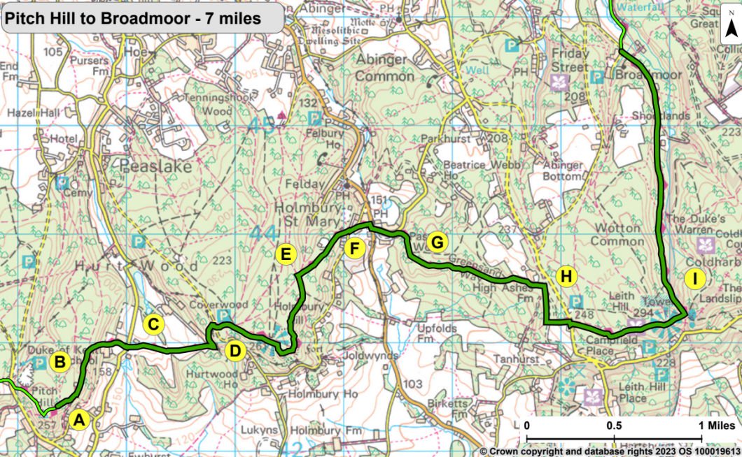 Greensand Way Map 5 from Pitch Hill to Broadmoor. The directions for this walk are described on this webpage. Selecting the map opens a larger version that can be saved to your device or printed.