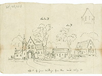 Pugin's sketch of the Oxenford gatehouse, barn and farm buildings (reference: 1248/26/1)