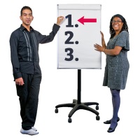 Woman and man next to a flip board with the numbers 1, 2, and 3 with an arrow guiding.