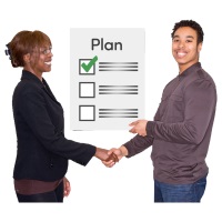 A young person and a professional shaking hands with a document titled 'Plan' behind them, with a green tick in a box.