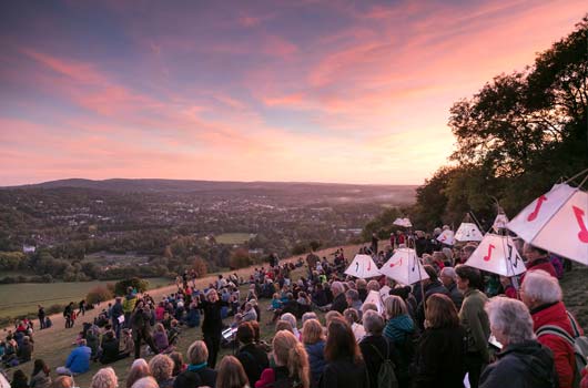 Large number of people attending the Harvest picnic event in 2019 taking place on Donkey Green, Surrey 