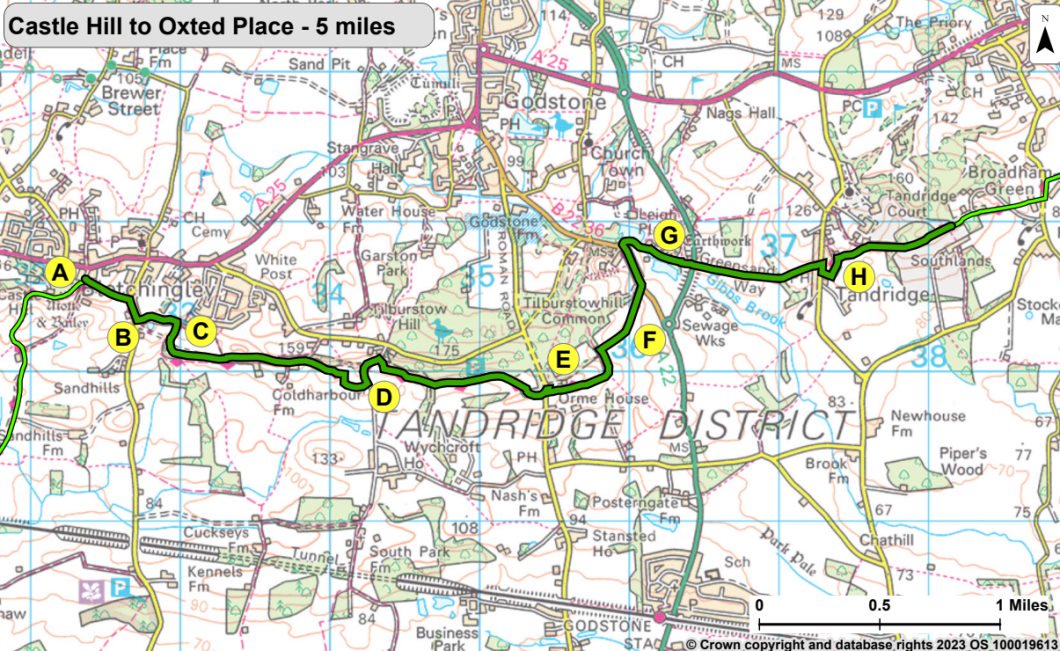 Greensand Way Map 9 from Castle Hill, Bletchingley to Oxted Place. The directions for this walk are described on this webpage. Selecting the map opens a larger version that can be saved to your device or printed.