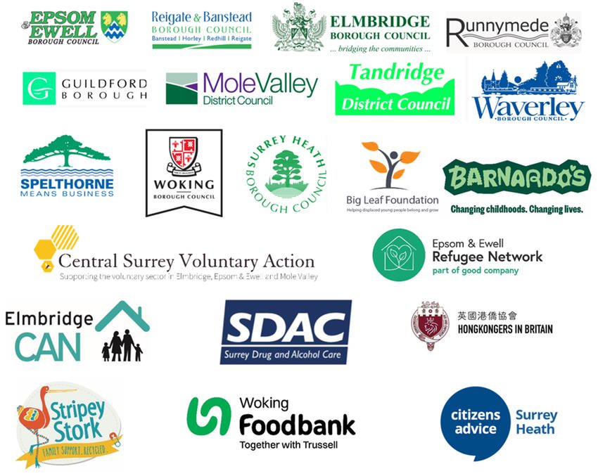 Partner logos for Surrey-wide immigration strategy - Borough and District councils: Elmbridge Borough Council, Epsom and Ewell Borough Council, Guildford Borough Council, Mole Valley District Council, Reigate and Banstead Borough Council, Runnymede Borough Council, Spelthorne Borough Council, Surrey Heath Borough Council, Tandridge District Council, Waverley Borough Council and Woking Borough Council. Charities and other organisations: Big Leaf Foundation, Barnardo's, Central Surrey Voluntary Action, Epsom and Ewell Refugee Network, Elmbridge Community Action Network (CAN), Surrey Drug and Alcohol Care (SDAC), Hongkongers in Britain, Stripey Stork, Woking Foodbank together with Trussell and Citizens Advice Bureaux Surrey Heath.