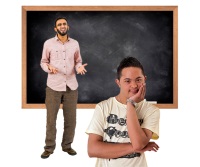 A teacher next to a chalk board with a young person in front.