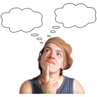 A young person thinking, with their finger on their chin, and two speech bubbles above them.