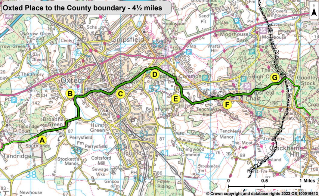 Greensand Way Map 10 from Oxted Place to the county boundary. The directions for this walk are described on this webpage. Selecting the map opens a larger version that can be saved to your device or printed.