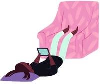 A cartoon image of a young person lying on the floor using a tablet.