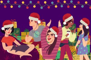 Cartoon image of young people at a party standing in front of presents