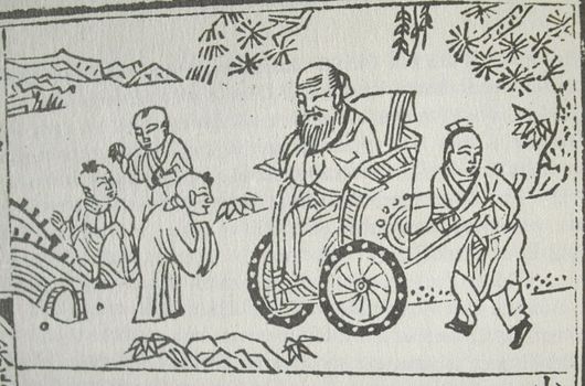An old pencil drawing from China of a man in a wheelchair