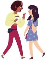 A cartoon image of two young women talking.