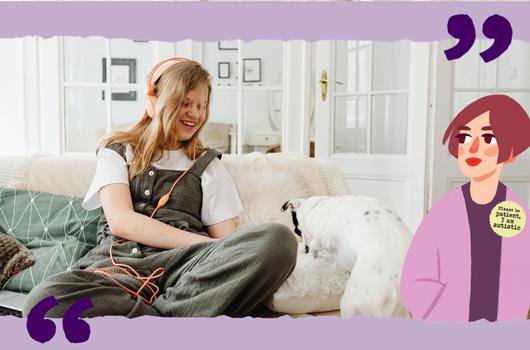 A girl sits on a sofa with her dog. On the right is a cartoon image of a girl wearing a badge that reads 