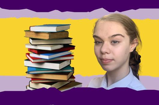 A portrait photo of a girl is on a yellow background. On the left is a pile of books